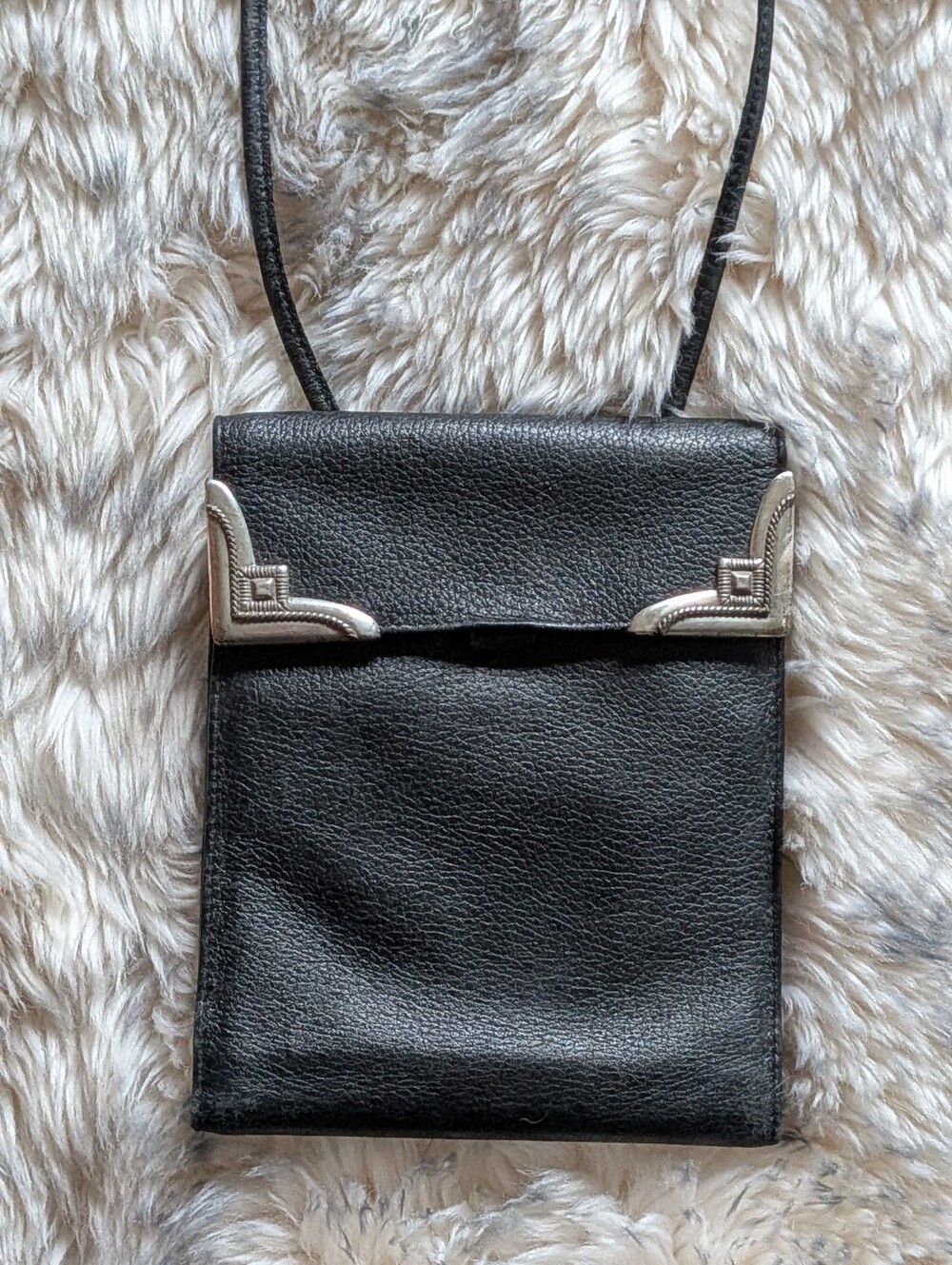 Black Leather Crossbody Bag with Silver Corner Accents